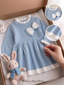 SHEIN Gaun Rajut Lengan Panjang Gaya Prancis untuk Bayi Perempuan, Modis Musim Gugur/Dingin - Baby Blue - View 8