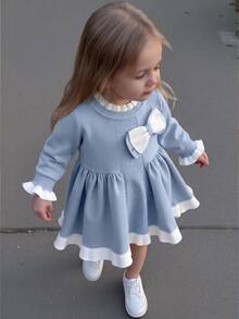 SHEIN Gaun Rajut Lengan Panjang Gaya Prancis untuk Bayi Perempuan, Modis Musim Gugur/Dingin - Baby Blue - View 1