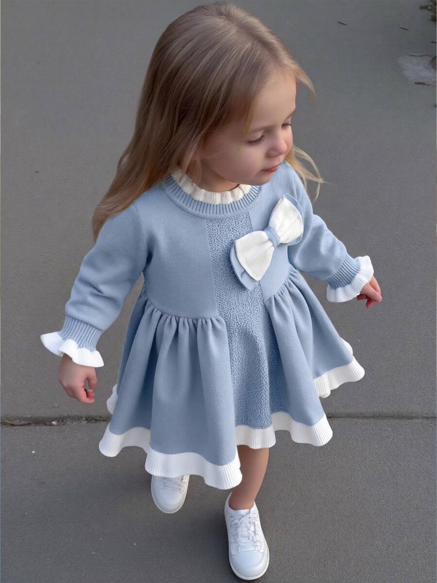 SHEIN Gaun Rajut Lengan Panjang Gaya Prancis untuk Bayi Perempuan, Modis Musim Gugur/Dingin - Baby Blue - View 1