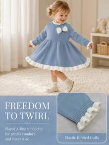 SHEIN Gaun Rajut Lengan Panjang Gaya Prancis untuk Bayi Perempuan, Modis Musim Gugur/Dingin - Baby Blue - View 7