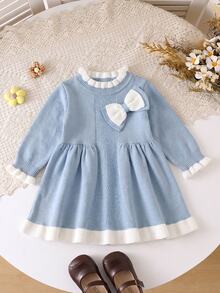 SHEIN Gaun Rajut Lengan Panjang Gaya Prancis untuk Bayi Perempuan, Modis Musim Gugur/Dingin - Baby Blue - View 6
