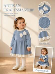 SHEIN Gaun Rajut Lengan Panjang Gaya Prancis untuk Bayi Perempuan, Modis Musim Gugur/Dingin - Baby Blue - View 5
