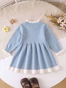 SHEIN Gaun Rajut Lengan Panjang Gaya Prancis untuk Bayi Perempuan, Modis Musim Gugur/Dingin - Baby Blue - View 2