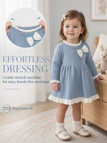 SHEIN Gaun Rajut Lengan Panjang Gaya Prancis untuk Bayi Perempuan, Modis Musim Gugur/Dingin - Baby Blue - View 3