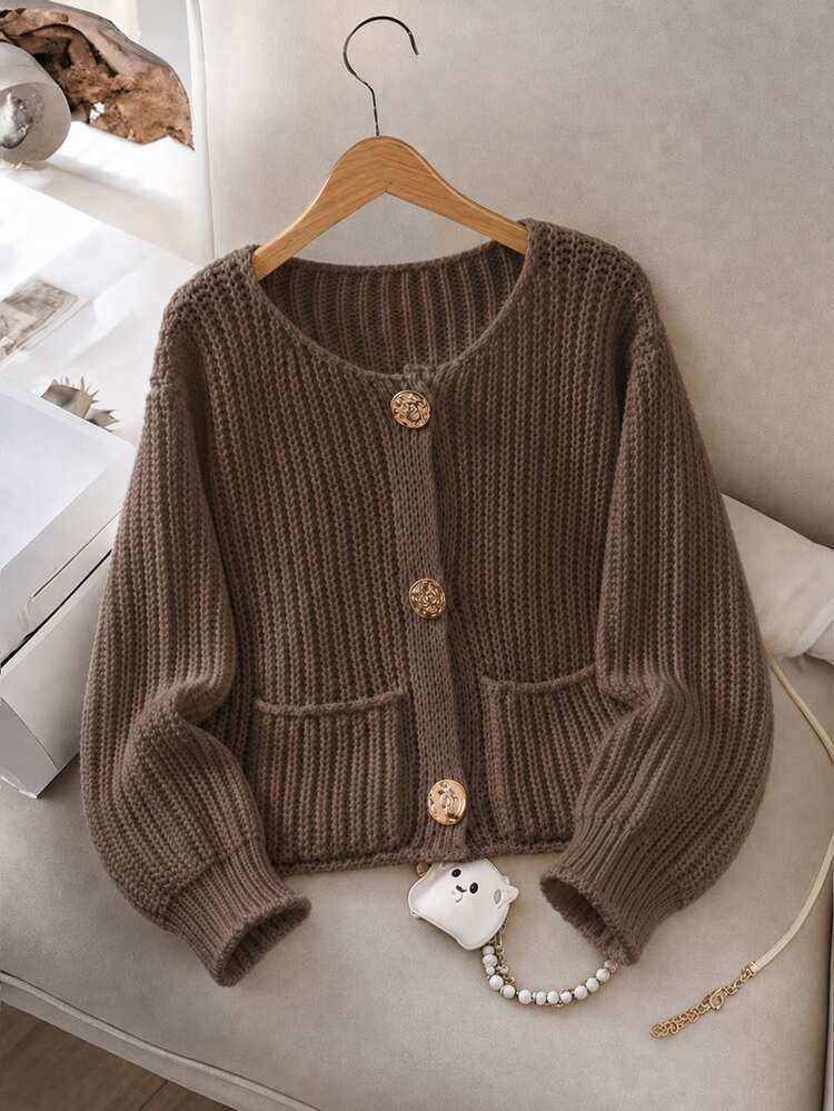 Teen Girl Metal Button Long Sleeve Pocket Casual Elegant Knit Cardigan, Brown Sweater, Knitwear, Suitable For Autumn/Winter Season, Daily Wear, Casual Outings - Brown - View 2