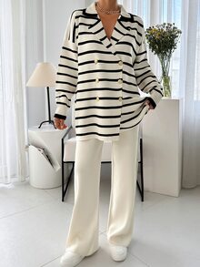 Women Stripe Pattern Front Button Collar Neck Drop Shoulder Cardigan & Sweater Pants Set - Black and White - View 2