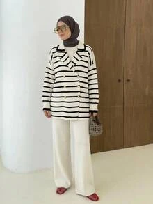 Women Stripe Pattern Front Button Collar Neck Drop Shoulder Cardigan & Sweater Pants Set - Black and White - View 1