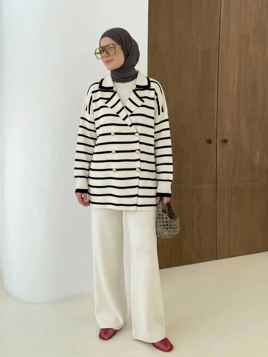 Women Stripe Pattern Front Button Collar Neck Drop Shoulder Cardigan & Sweater Pants Set - Black and White - View 1