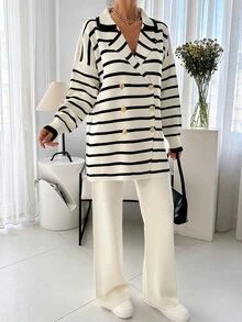 Women Stripe Pattern Front Button Collar Neck Drop Shoulder Cardigan & Sweater Pants Set - Black and White - View 7