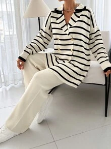Women Stripe Pattern Front Button Collar Neck Drop Shoulder Cardigan & Sweater Pants Set - Black and White - View 5