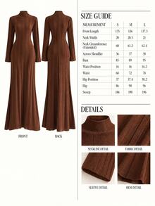 CLARA VERO Mock Neck Flared Cuff Maxi Dress, Slim Fit, Dinner Or Event, Wide Ruffle Hem, Ribbed Stretch Knit - Chocolate Brown - View 10