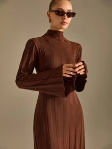 CLARA VERO Mock Neck Flared Cuff Maxi Dress, Slim Fit, Dinner Or Event, Wide Ruffle Hem, Ribbed Stretch Knit - Chocolate Brown - View 7