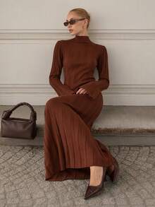 CLARA VERO Mock Neck Flared Cuff Maxi Dress, Slim Fit, Dinner Or Event, Wide Ruffle Hem, Ribbed Stretch Knit - Chocolate Brown - View 8
