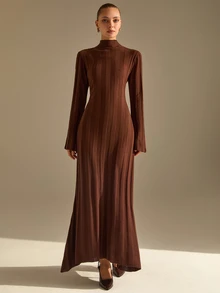CLARA VERO Mock Neck Flared Cuff Maxi Dress, Slim Fit, Dinner Or Event, Wide Ruffle Hem, Ribbed Stretch Knit - Chocolate Brown - View 5