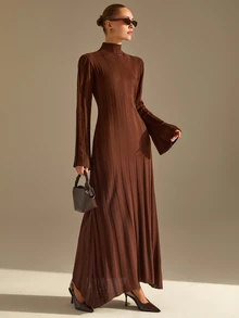 CLARA VERO Mock Neck Flared Cuff Maxi Dress, Slim Fit, Dinner Or Event, Wide Ruffle Hem, Ribbed Stretch Knit - Chocolate Brown - View 1