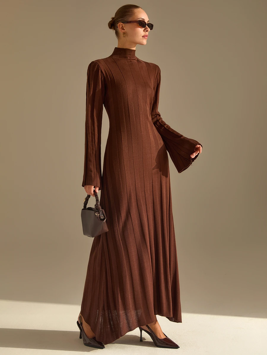 CLARA VERO Mock Neck Flared Cuff Maxi Dress, Slim Fit, Dinner Or Event, Wide Ruffle Hem, Ribbed Stretch Knit - Chocolate Brown - View 1