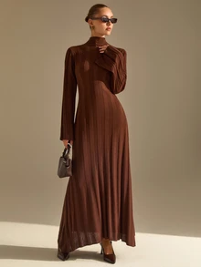 CLARA VERO Mock Neck Flared Cuff Maxi Dress, Slim Fit, Dinner Or Event, Wide Ruffle Hem, Ribbed Stretch Knit - Chocolate Brown - View 3