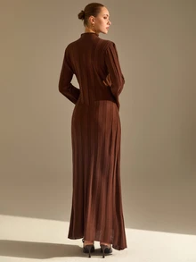 CLARA VERO Mock Neck Flared Cuff Maxi Dress, Slim Fit, Dinner Or Event, Wide Ruffle Hem, Ribbed Stretch Knit - Chocolate Brown - View 4