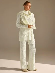 CLARA VERO Cable Knit Palazzo Pants Scarf Set, Relaxed Fit, Winter Cafe Or Stroll, Half Turtleneck, Palazzo - Cream - View 6