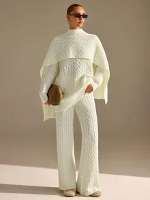 CLARA VERO Cable Knit Palazzo Pants Scarf Set, Relaxed Fit, Winter Cafe Or Stroll, Half Turtleneck, Palazzo - Cream - View 4