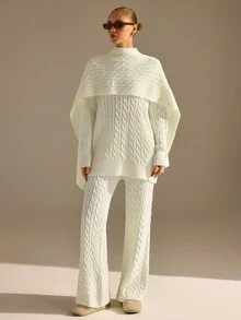 CLARA VERO Cable Knit Palazzo Pants Scarf Set, Relaxed Fit, Winter Cafe Or Stroll, Half Turtleneck, Palazzo - Cream - View 8