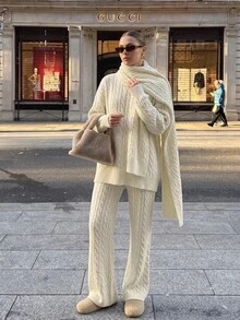 CLARA VERO Cable Knit Palazzo Pants Scarf Set, Relaxed Fit, Winter Cafe Or Stroll, Half Turtleneck, Palazzo - Cream - View 2
