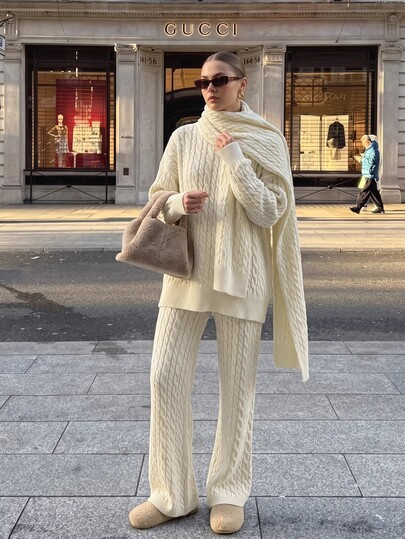 CLARA VERO Cable Knit Palazzo Pants Scarf Set, Relaxed Fit, Winter Cafe Or Stroll, Half Turtleneck, Palazzo
