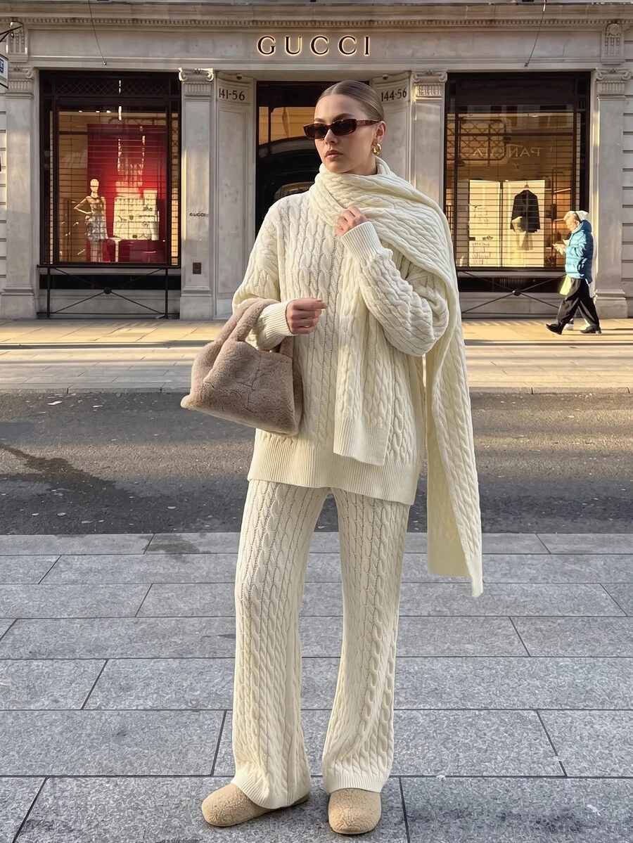 CLARA VERO Cable Knit Palazzo Pants Scarf Set, Relaxed Fit, Winter Cafe Or Stroll, Half Turtleneck, Palazzo