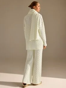 CLARA VERO Cable Knit Palazzo Pants Scarf Set, Relaxed Fit, Winter Cafe Or Stroll, Half Turtleneck, Palazzo - Cream - View 5