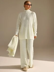 CLARA VERO Cable Knit Palazzo Pants Scarf Set, Relaxed Fit, Winter Cafe Or Stroll, Half Turtleneck, Palazzo - Cream - View 9