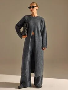 CLARA VERO Turtleneck Front Slit Palazzo Knit Set, Oversize Top, Street Or Casual, Center Slit, Wide Leg Pant - Grey - View 5