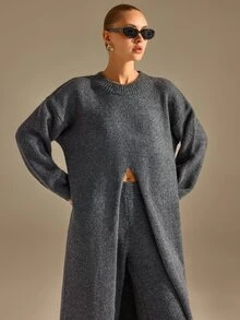 CLARA VERO Turtleneck Front Slit Palazzo Knit Set, Oversize Top, Street Or Casual, Center Slit, Wide Leg Pant - Grey - View 7