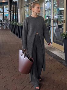 CLARA VERO Turtleneck Front Slit Palazzo Knit Set, Oversize Top, Street Or Casual, Center Slit, Wide Leg Pant - Grey - View 10