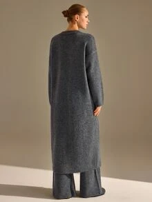 CLARA VERO Turtleneck Front Slit Palazzo Knit Set, Oversize Top, Street Or Casual, Center Slit, Wide Leg Pant - Grey - View 3
