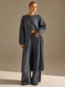 CLARA VERO Turtleneck Front Slit Palazzo Knit Set, Oversize Top, Street Or Casual, Center Slit, Wide Leg Pant - Grey - View 4