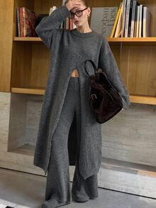 CLARA VERO Turtleneck Front Slit Palazzo Knit Set, Oversize Top, Street Or Casual, Center Slit, Wide Leg Pant - Grey - View 2