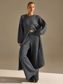 CLARA VERO Turtleneck Front Slit Palazzo Knit Set, Oversize Top, Street Or Casual, Center Slit, Wide Leg Pant - Grey - View 1