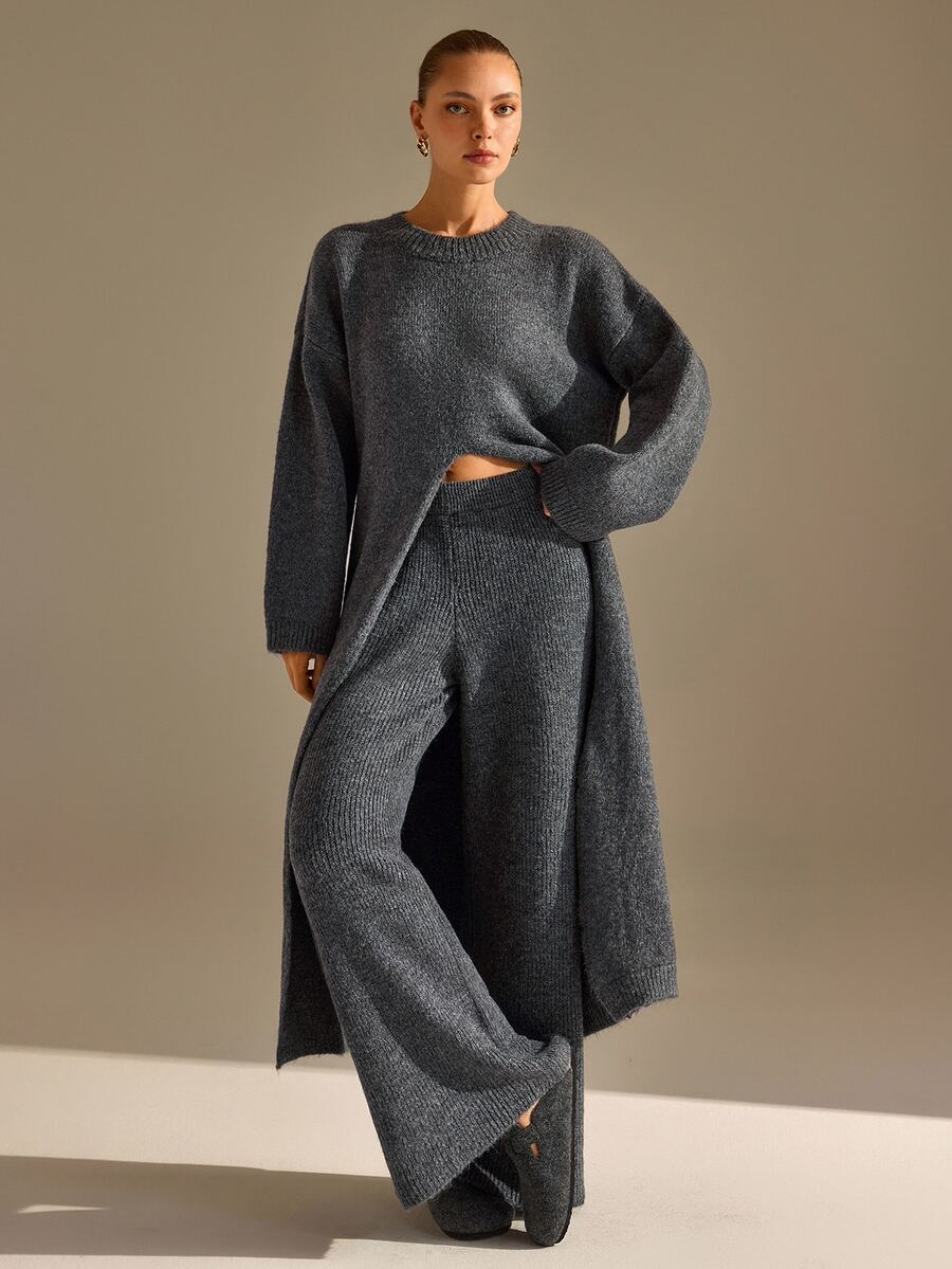 CLARA VERO Turtleneck Front Slit Palazzo Knit Set, Oversize Top, Street Or Casual, Center Slit, Wide Leg Pant - Grey - View 1