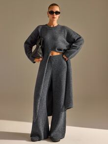 CLARA VERO Turtleneck Front Slit Palazzo Knit Set, Oversize Top, Street Or Casual, Center Slit, Wide Leg Pant - Grey - View 8