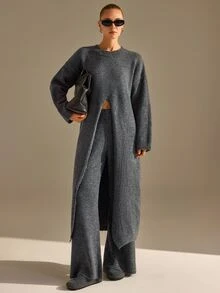 CLARA VERO Turtleneck Front Slit Palazzo Knit Set, Oversize Top, Street Or Casual, Center Slit, Wide Leg Pant - Grey - View 6