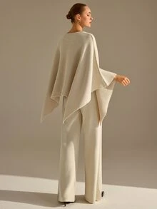 CLARA VERO Poncho Palazzo Knit Set, Oversize Fit, Lounge Or Daily, Side Slit Sleeve, Crew Neck, Wide Leg Pant - Beige - View 3