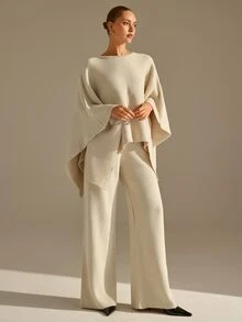 CLARA VERO Poncho Palazzo Knit Set, Oversize Fit, Lounge Or Daily, Side Slit Sleeve, Crew Neck, Wide Leg Pant - Beige - View 4