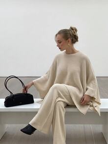 CLARA VERO Poncho Palazzo Knit Set, Oversize Fit, Lounge Or Daily, Side Slit Sleeve, Crew Neck, Wide Leg Pant - Beige - View 1