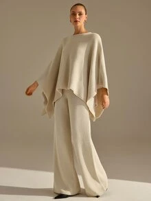 CLARA VERO Poncho Palazzo Knit Set, Oversize Fit, Lounge Or Daily, Side Slit Sleeve, Crew Neck, Wide Leg Pant - Beige - View 6