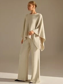 CLARA VERO Poncho Palazzo Knit Set, Oversize Fit, Lounge Or Daily, Side Slit Sleeve, Crew Neck, Wide Leg Pant - Beige - View 5
