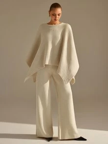 CLARA VERO Poncho Palazzo Knit Set, Oversize Fit, Lounge Or Daily, Side Slit Sleeve, Crew Neck, Wide Leg Pant - Beige - View 2
