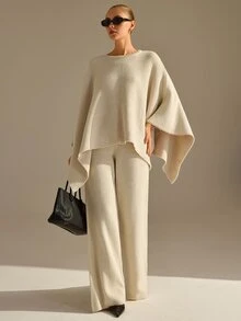 CLARA VERO Poncho Palazzo Knit Set, Oversize Fit, Lounge Or Daily, Side Slit Sleeve, Crew Neck, Wide Leg Pant - Beige - View 8