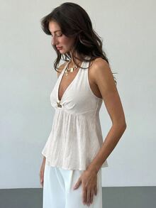 Aloruh Women's Linen Metal Decor Waist A-Line Shirt, Spring/Summer,Summer Top Vacation Off-White Elegant Tropical - White - View 4