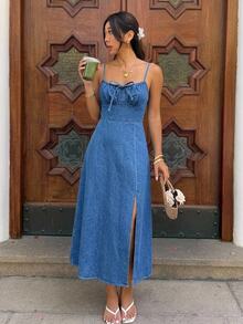 Serisse Women's Fashion Versatile Tie-Up Ruched Leg Slit Denim Camisole Dress Summer Elegant Vacation Beach Wedding Graduation Going Out Ruffle Blue - Blue - View 3