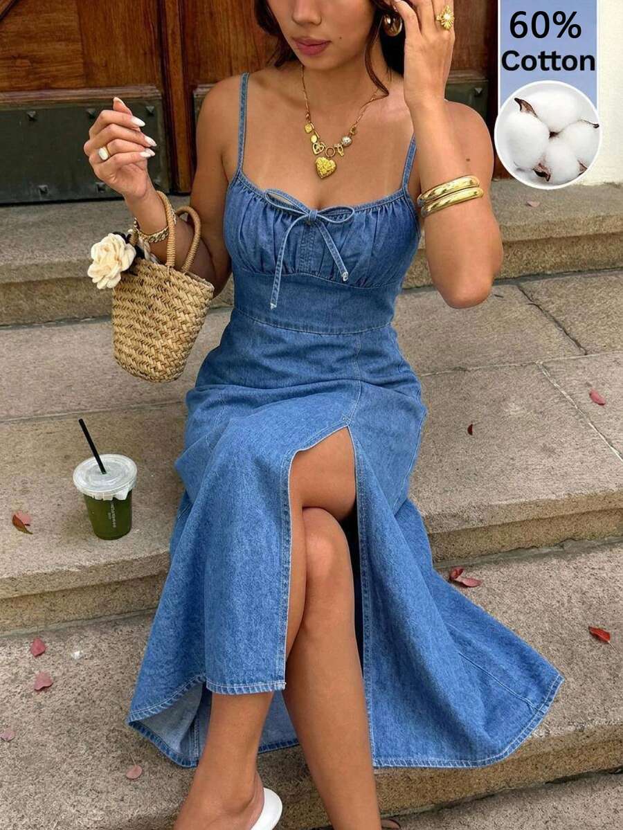 Serisse Women's Fashion Versatile Tie-Up Ruched Leg Slit Denim Camisole Dress Summer Elegant Vacation Beach Wedding Graduation Going Out Ruffle Blue - Blue - View 1